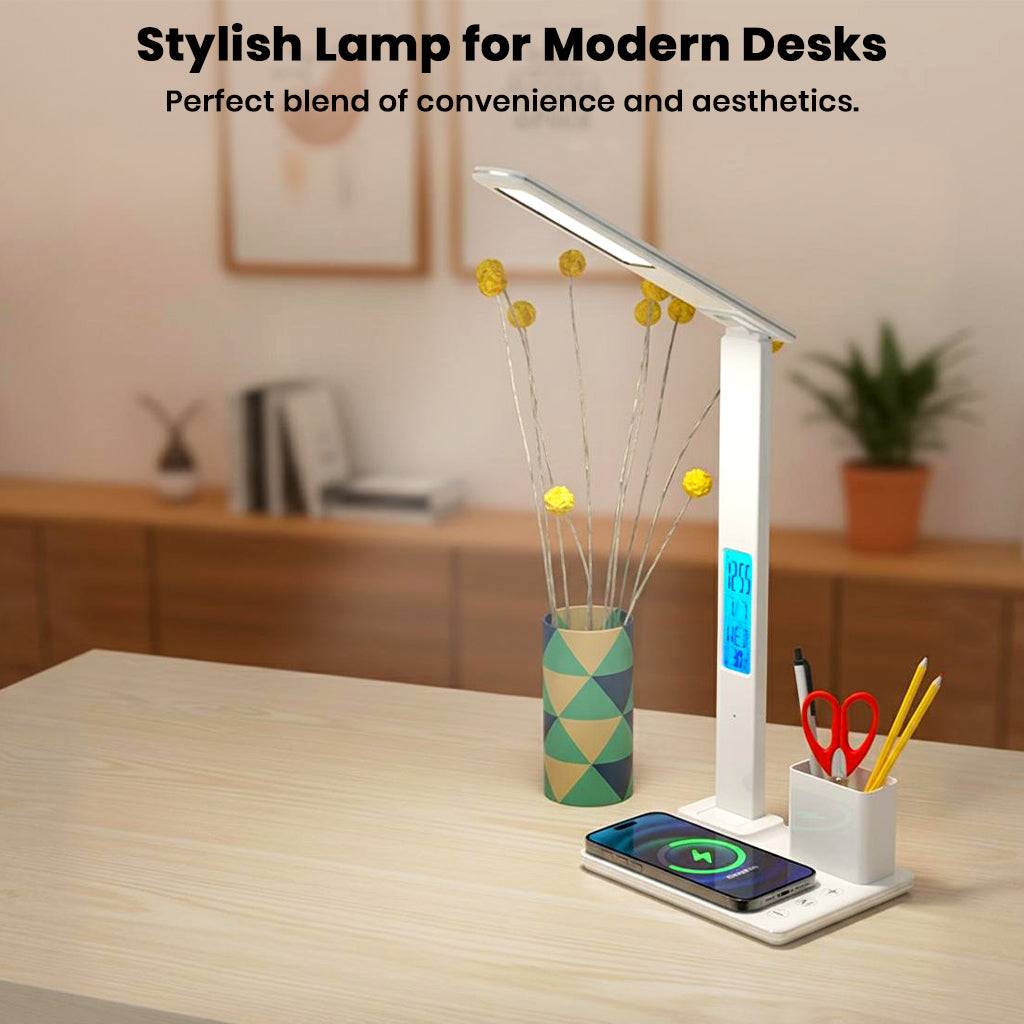 Modern desk setup with TECPHILE 4-in-1 Lamp featuring wireless charging, clock, and pen holder, blending style and functionality.