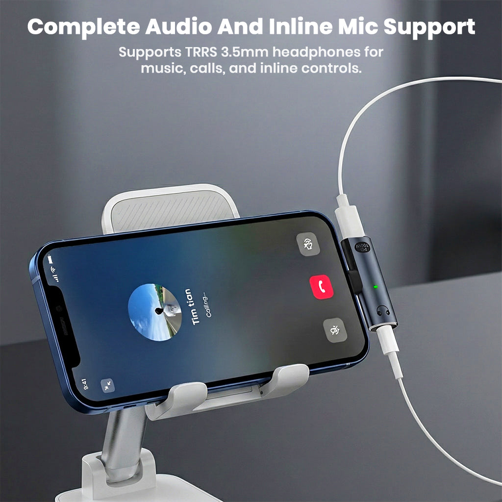AUDIOCULAR A14X adapter connected to a phone during a call, supporting TRRS 3.5mm headphones with mic and controls.