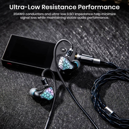 THIEAUDIO Midnix 4-core copper cable with in-ear monitors on textured black surface, showing durability features