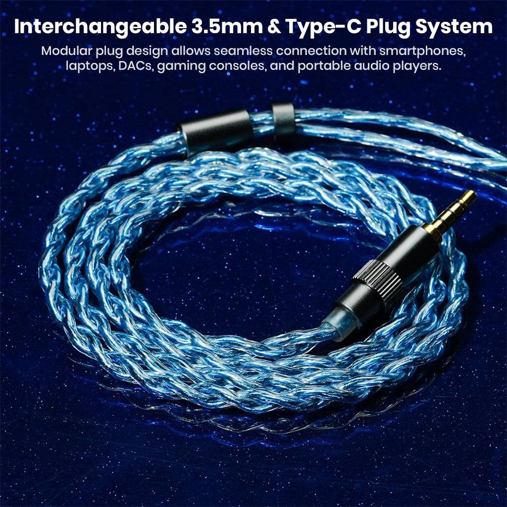 Blue braided hybrid IEM cable for headphones