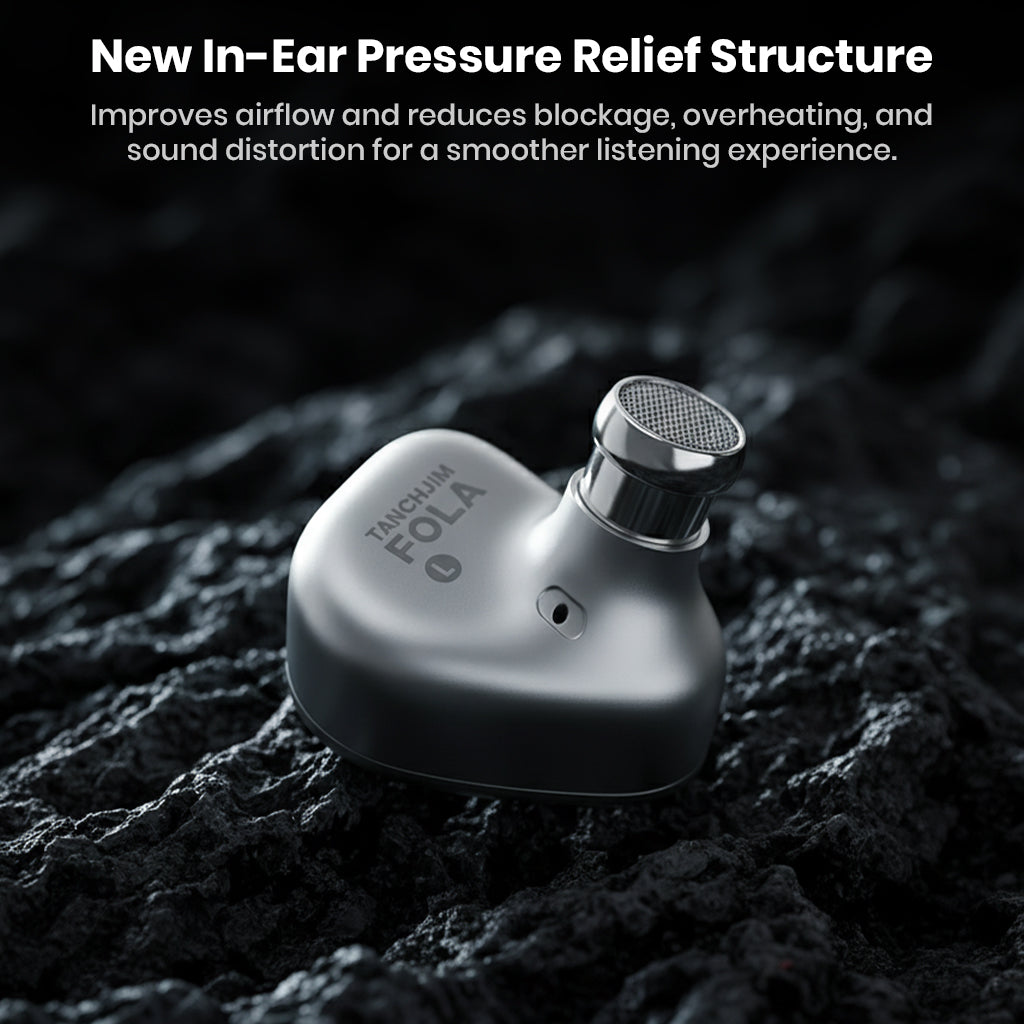 Back view of TANCHJIM FOLA IEM showing in-ear pressure relief structure for reduced distortion and enhanced comfort during use.