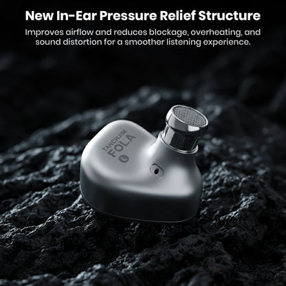 Back view of TANCHJIM FOLA IEM showing in-ear pressure relief structure for reduced distortion and enhanced comfort during use.