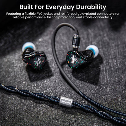 THIEAUDIO Midnix premium copper cable with in-ear monitors on textured black surface, highlighting lightweight design