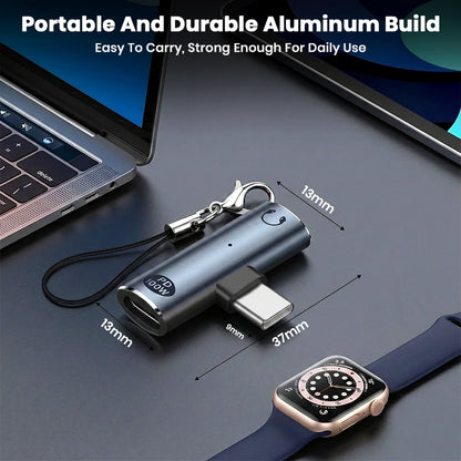 AUDIOCULAR A14X adapter with aluminum build, shown with dimensions and keychain for easy portability.
