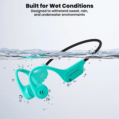 SHEYIN X5 teal bone conduction headphones submerged in water, showcasing IPX8 waterproof design for swimming and rain.
