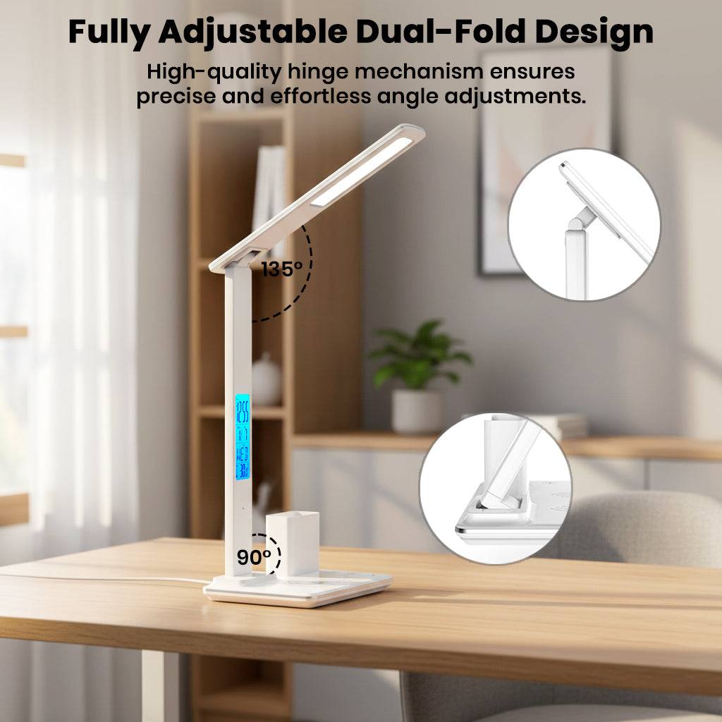 TECPHILE Desk Lamp with dual-fold adjustable hinge design, allowing 90° to 135° angle adjustments for optimal lighting.