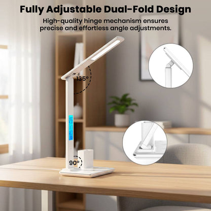 TECPHILE Desk Lamp with dual-fold adjustable hinge design, allowing 90° to 135° angle adjustments for optimal lighting.