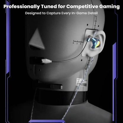 EPZ – G30 1DD + 1BA Gaming IEM with ENC Boom Mic shown on test dummy, professionally tuned for competitive gaming audio precision.