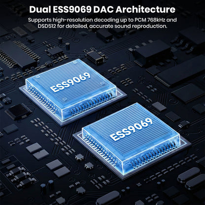 Dual ESS9069 DAC chips in Questyle SIGMA Pro deliver high-resolution decoding up to PCM 768kHz and DSD512 for accurate sound reproduction.