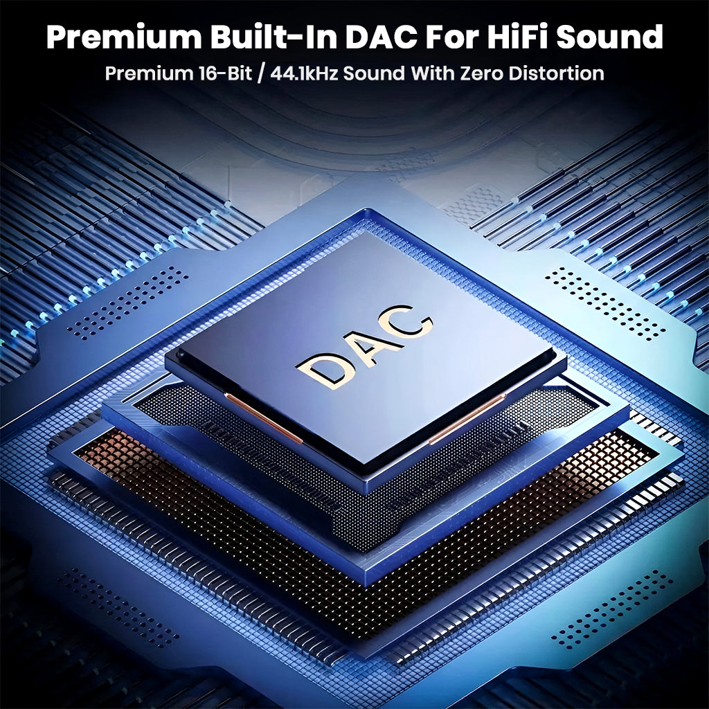 Premium DAC chip inside AUDIOCULAR A14X adapter, delivering 16-bit/44.1kHz HiFi sound with zero distortion.