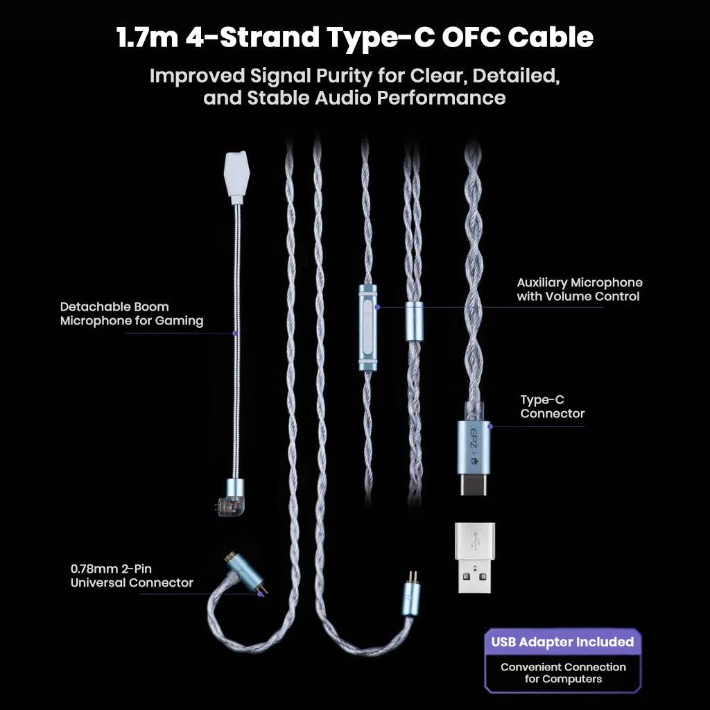 EPZ – G30 Gaming IEM includes 1.7m 4-strand Type-C OFC cable with detachable boom mic and USB adapter for stable, high-quality audio.