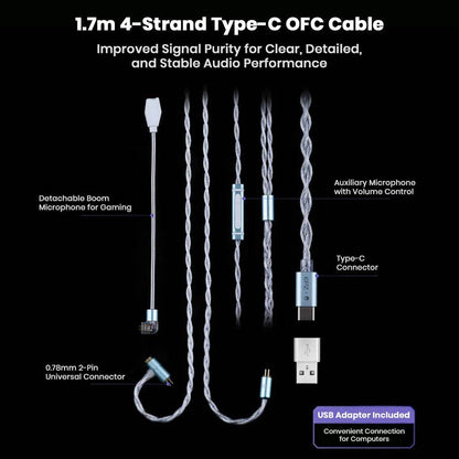 EPZ – G30 Gaming IEM includes 1.7m 4-strand Type-C OFC cable with detachable boom mic and USB adapter for stable, high-quality audio.
