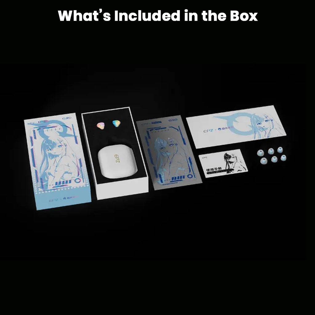 EPZ G30 gaming IEM full box contents including IEMs, boom mic, eartips, and illustrated packaging for a complete audio setup.