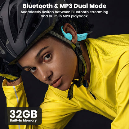 Cyclist using teal SHEYIN X5 headphones with 32GB memory, highlighting Bluetooth and MP3 dual mode for flexible playback.