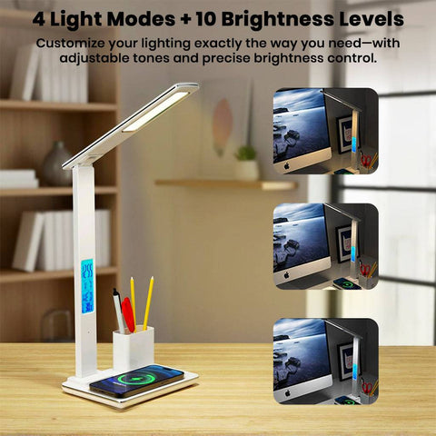 TECPHILE 4-in-1 Desk Lamp showing 4 light modes and 10 brightness levels with wireless phone charging and pen holder on a modern desk.