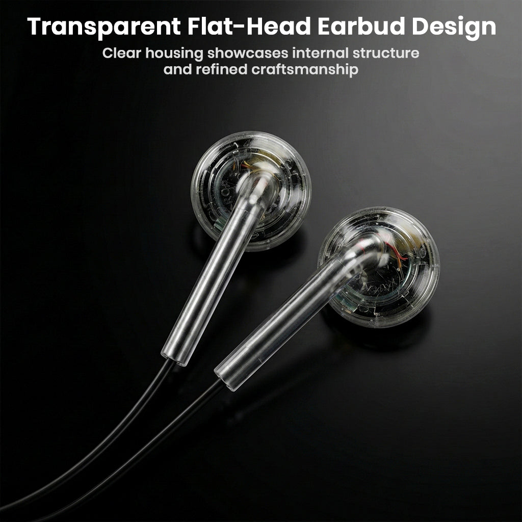 MOONDROP Nice Buds wired earphones feature a transparent flat-head design that reveals internal structure and refined craftsmanship.