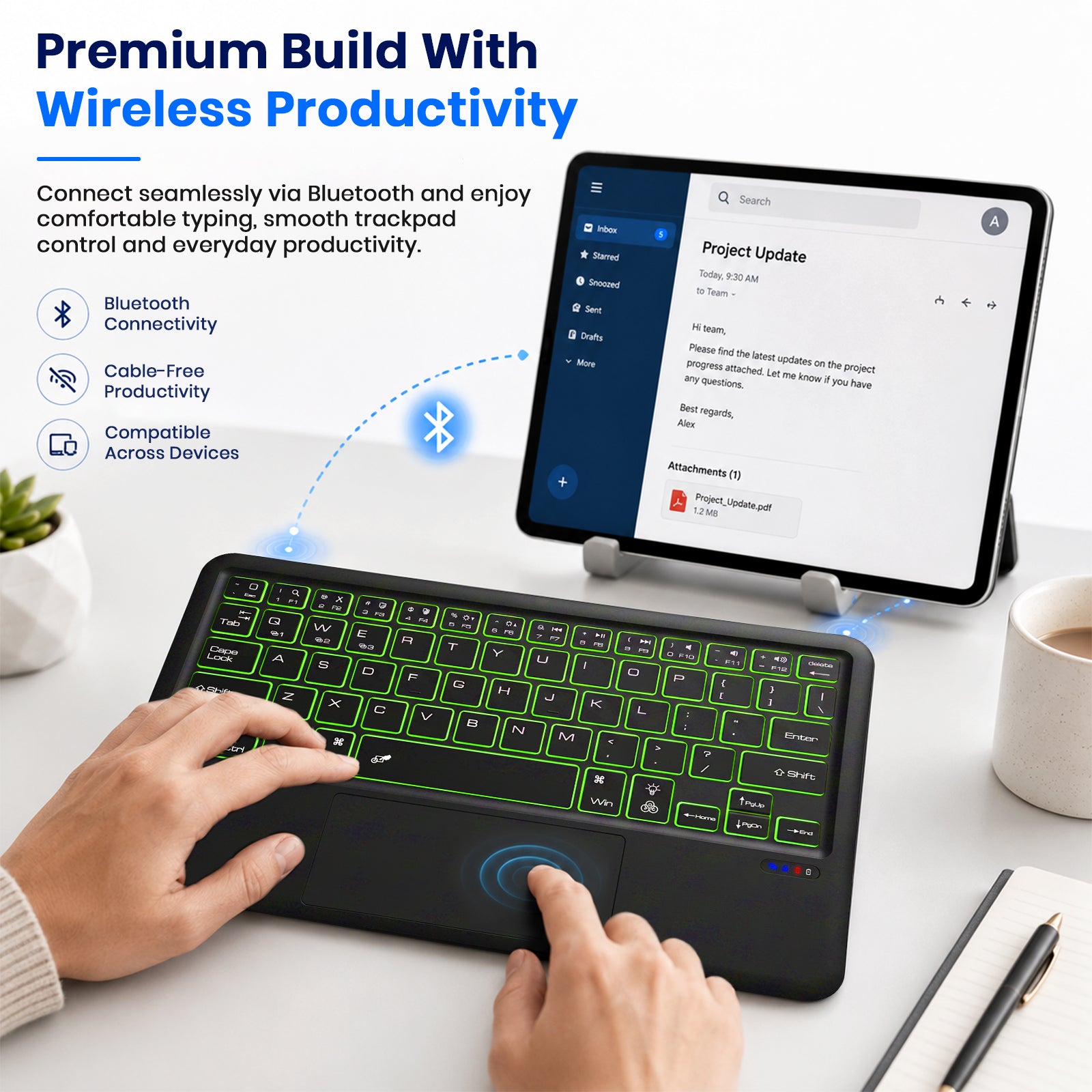 Black wireless Bluetooth keyboard featuring multi-gesture trackpad