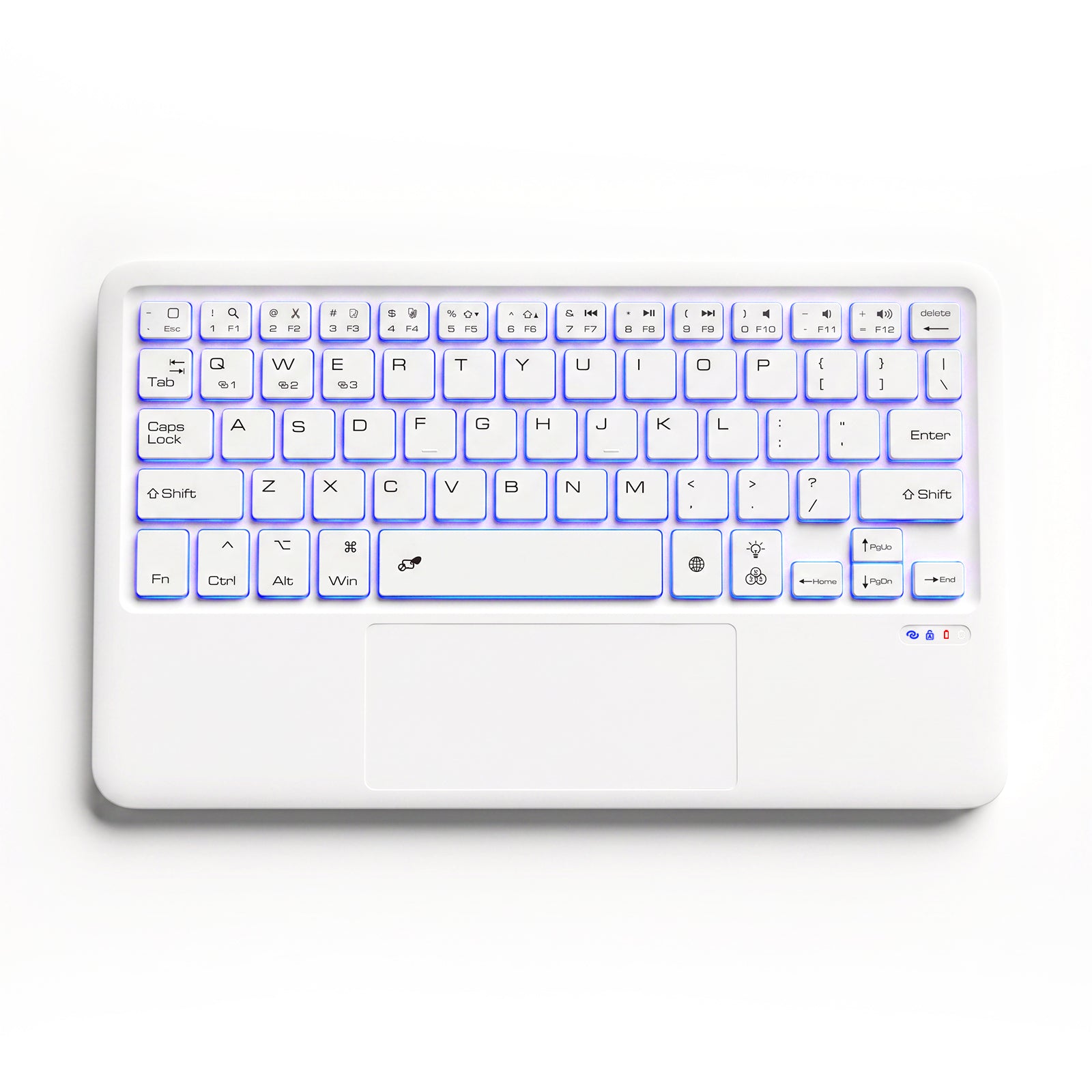 White ultra-thin wireless keyboard with backlit keys, 24.3 cm wide, 17 cm tall, 0.27-inch thickness, modern minimalist style