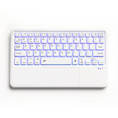 White ultra-thin wireless keyboard with backlit keys, 24.3 cm wide, 17 cm tall, 0.27-inch thickness, modern minimalist style