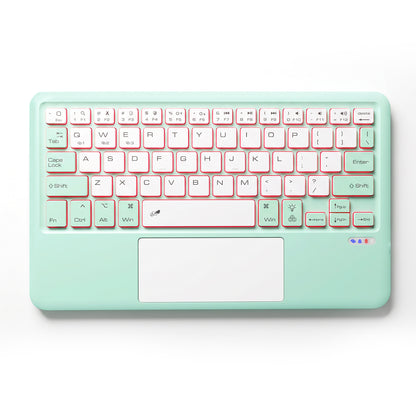 wireless Bluetooth keyboard with aluminum bottom, magnetic attachment, and colorful tablet screen in the background.