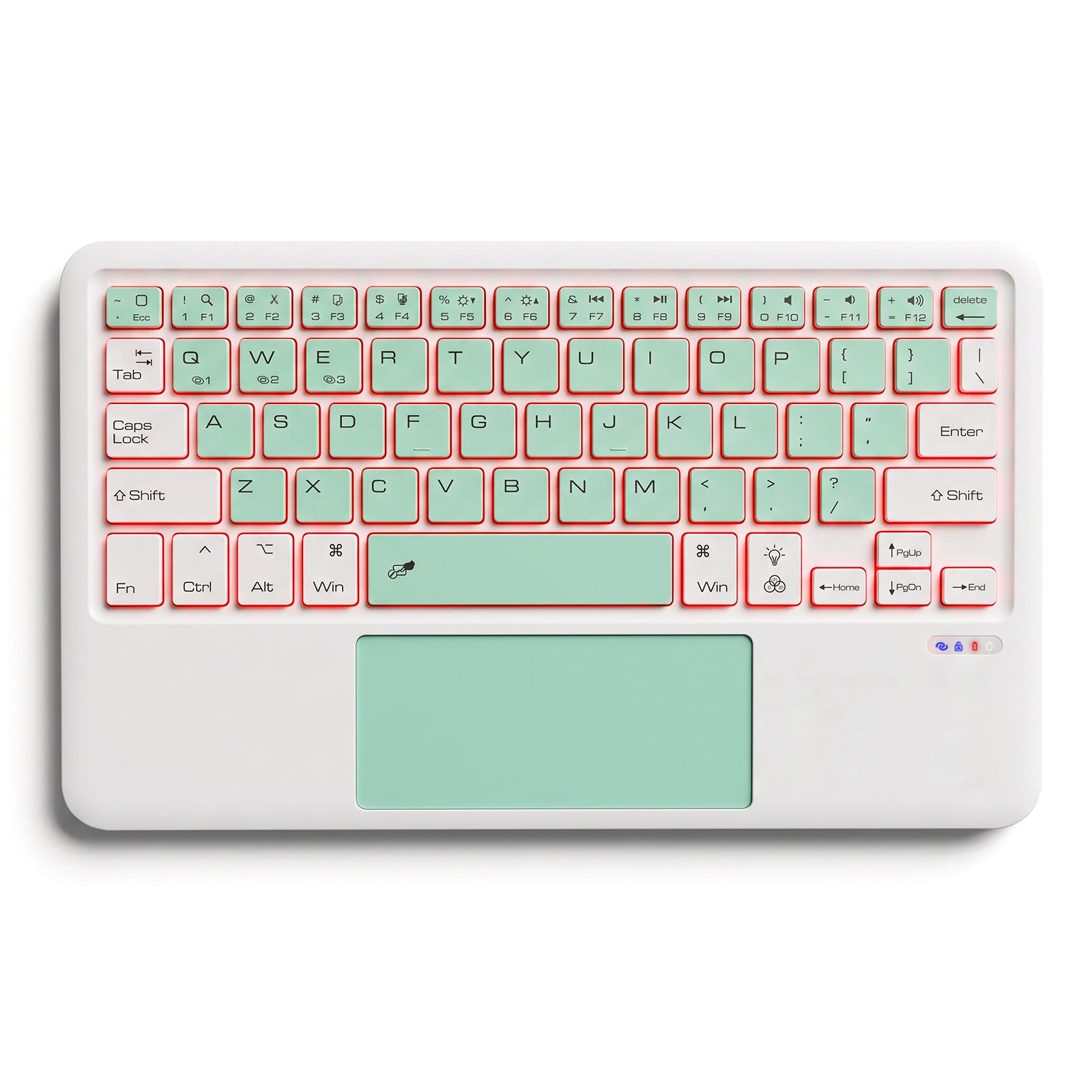 wireless Bluetooth keyboard with red backlit keys, compact design, compatible with tablets and laptops