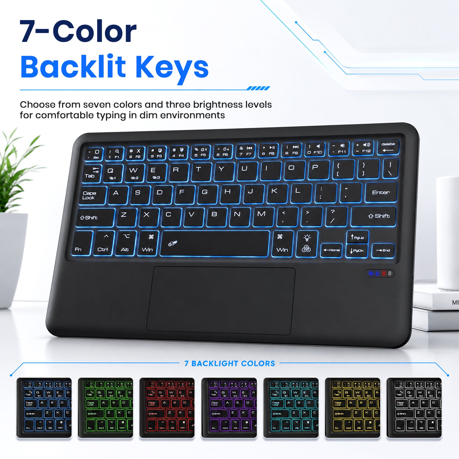 Black wireless Bluetooth keyboard with 7-color backlit keys, compatible with multiple devices, 