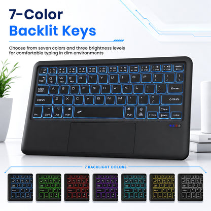 Black wireless Bluetooth keyboard with 7-color backlit keys, compatible with multiple devices, 