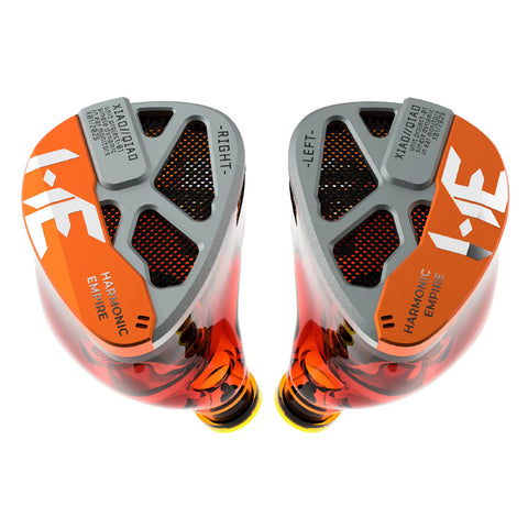 Two orange and gray earbud casings with 'Xiaomi' branding on a white background.