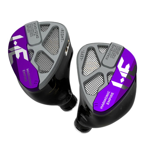 Pair of purple and gray earphones on a white background