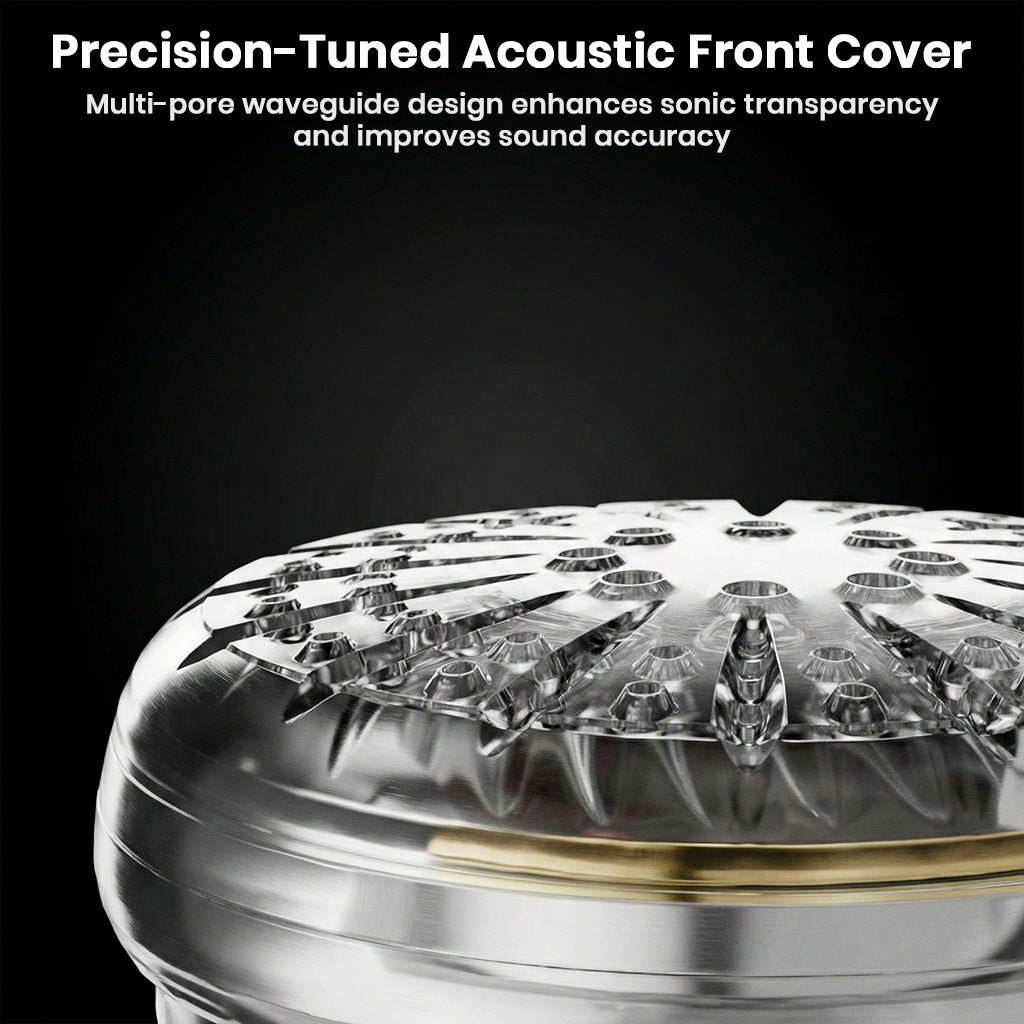 Detailed view of MOONDROP Nice Buds' acoustic front cover with multi-pore waveguide for enhanced sound transparency and clarity.