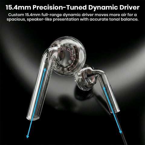 Close-up of MOONDROP Nice Buds showcasing 15.4mm precision-tuned dynamic driver for spacious sound and accurate tonal balance.