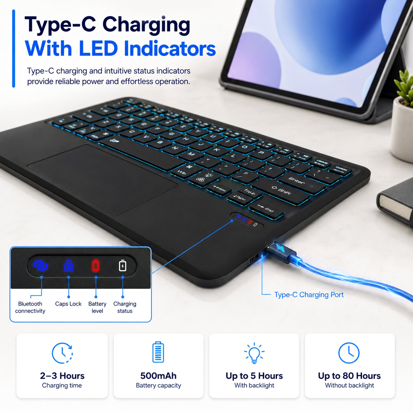  black wireless Bluetooth keyboard, compact 64-key layout, measuring 15 x 24.7 x 0.5 cm, lightweight and portable