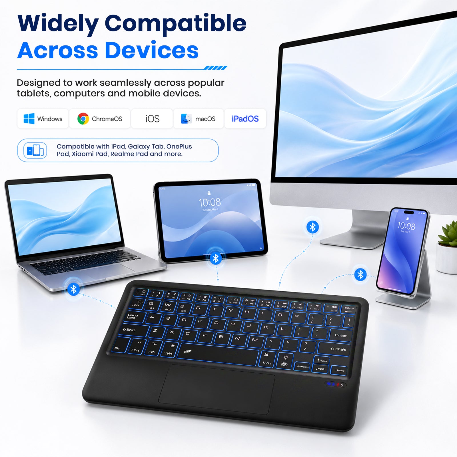 Wireless Bluetooth keyboard with touchpad, black color, compact design, compatible with iPad, tablets, laptops, smartphones, with Type-C port