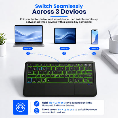 Wireless keyboard with blue backlit keys, compact layout, Type-C charging port, slim and lightweight design for portable use