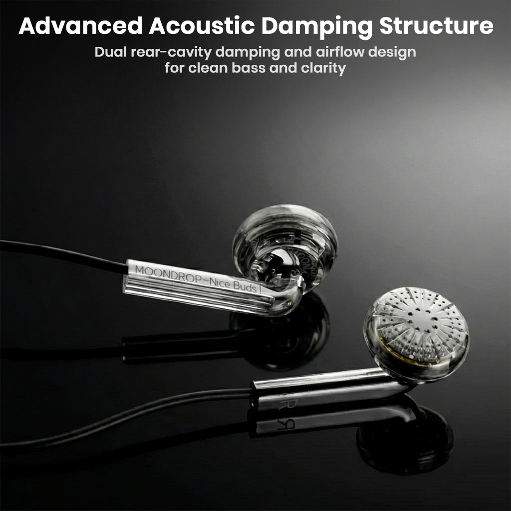 MOONDROP Nice Buds feature advanced acoustic damping with dual rear-cavity design for clean bass and improved audio clarity.