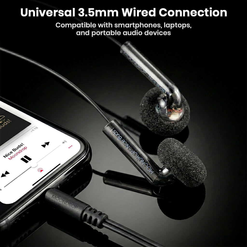 MOONDROP Nice Buds wired earphones with universal 3.5mm jack compatible with smartphones, laptops, and portable audio devices.