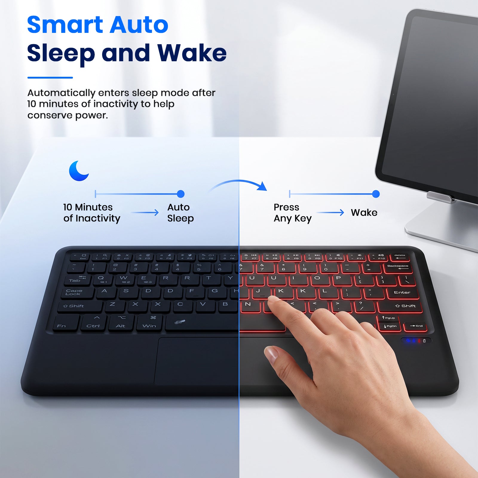  black wireless Bluetooth keyboard, compact design, and touchpad, connected to a tablet and laptop for versatile use.