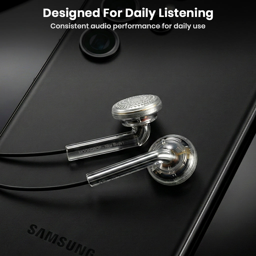 MOONDROP Nice Buds designed for daily listening, offering consistent audio quality and comfort for everyday use with mobile devices.