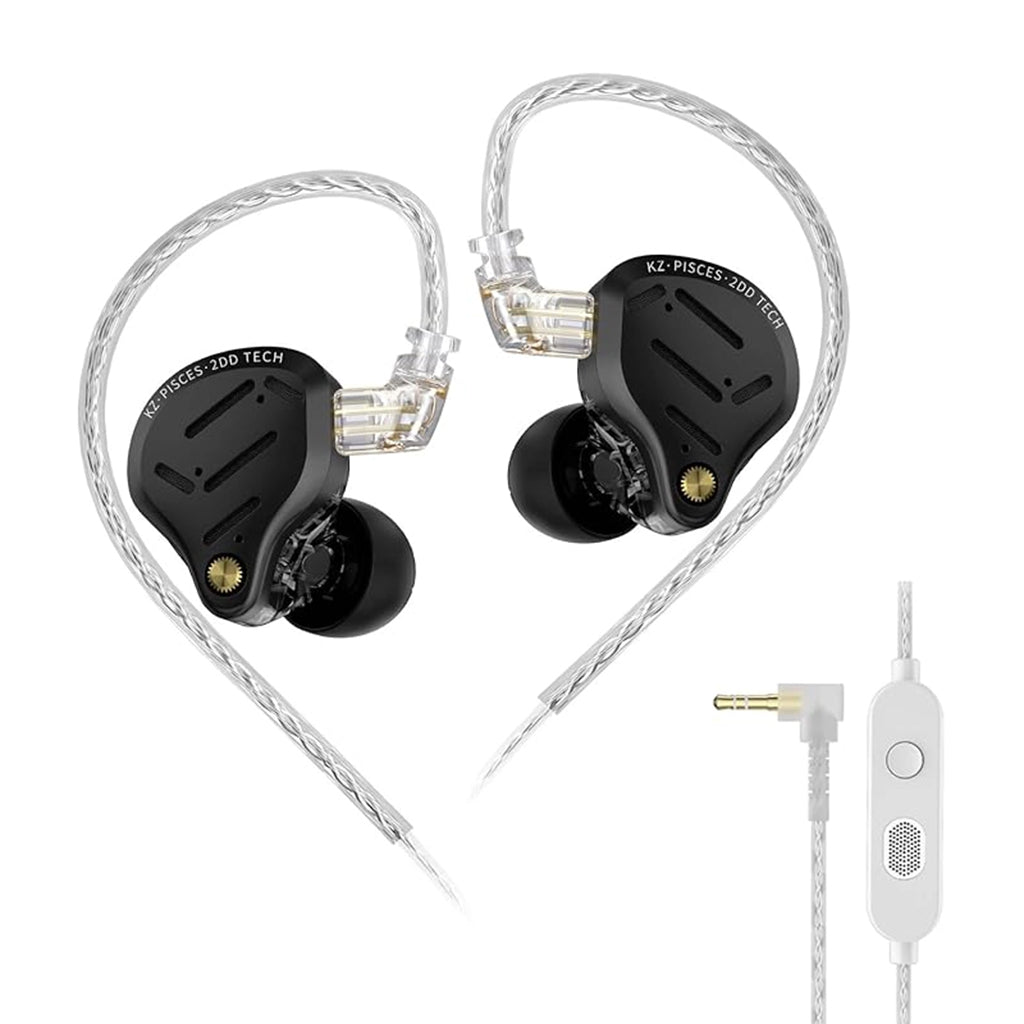 KZ Pisces IEM with silver-plated cable and 3.5mm jack, offering dual dynamic drivers for immersive audio.