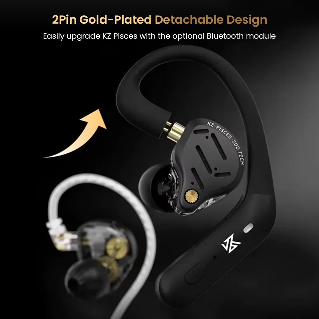 KZ Pisces IEM with detachable 2-pin gold-plated cable and optional Bluetooth module upgrade for wireless use.