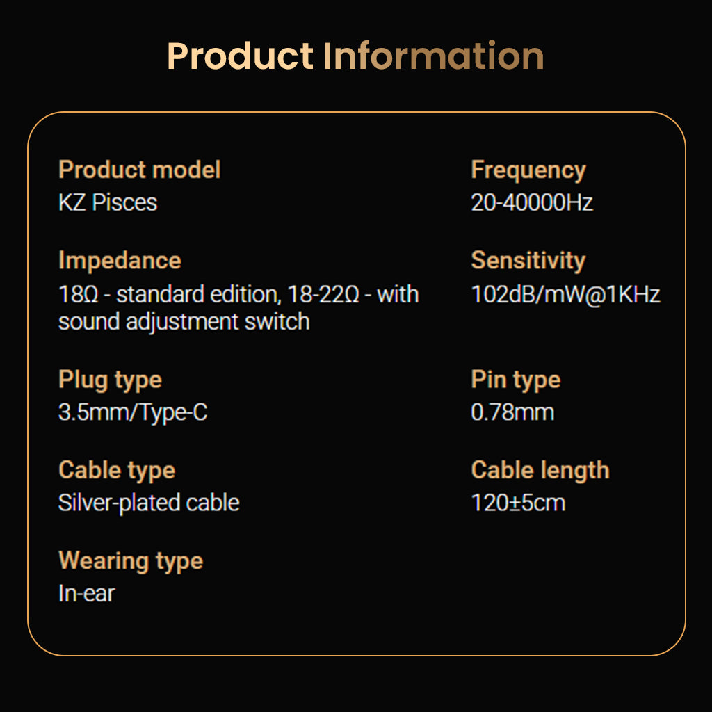 KZ Pisces IEM product specifications including impedance, frequency range, sensitivity, plug type, and cable details.