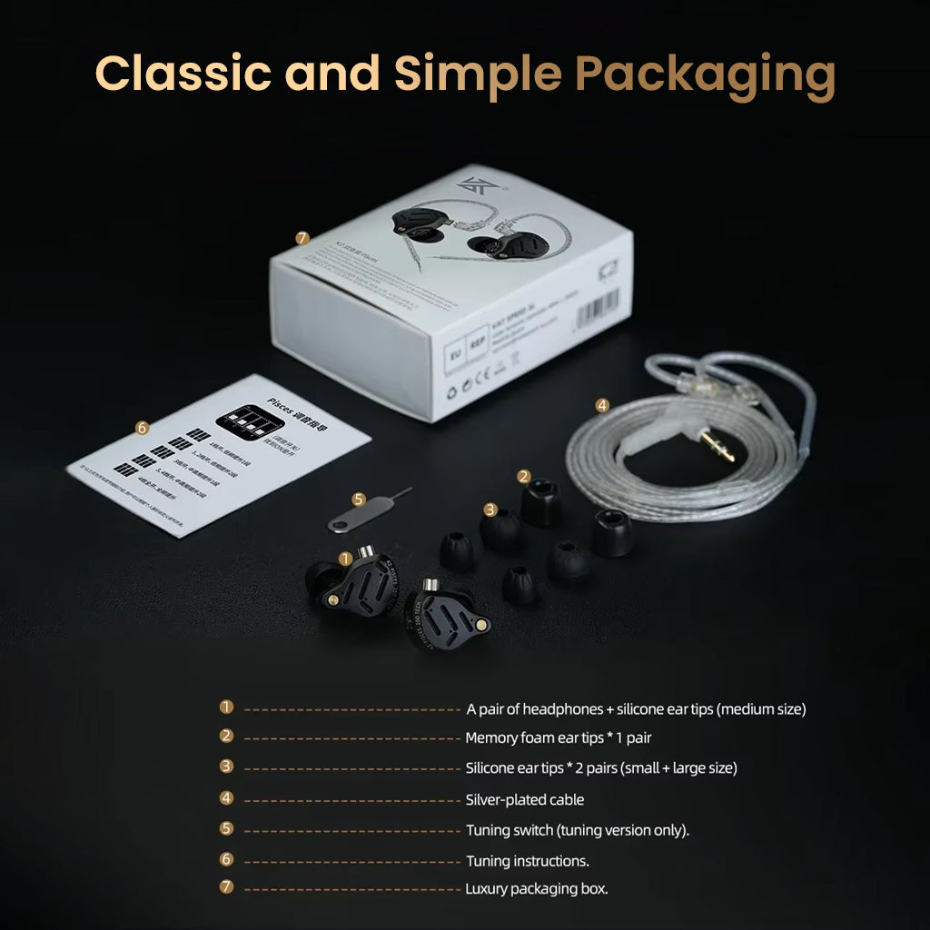KZ Pisces IEM packaging contents including ear tips, memory foam, silver-plated cable, and tuning switch accessories.