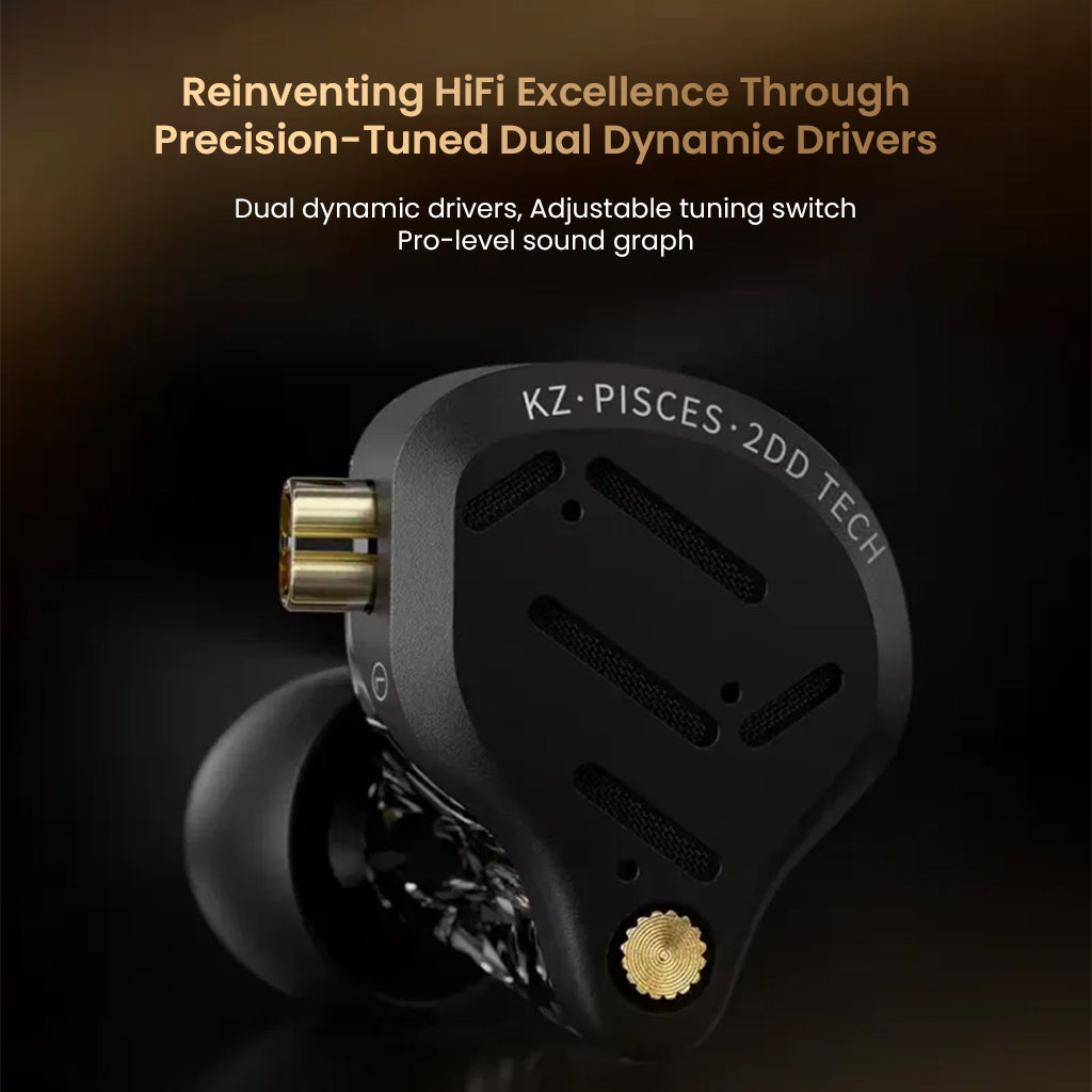 KZ Pisces IEM featuring precision-tuned dual dynamic drivers and adjustable tuning switch for hi-fi sound quality.