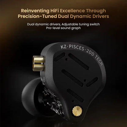 KZ Pisces IEM featuring precision-tuned dual dynamic drivers and adjustable tuning switch for hi-fi sound quality.