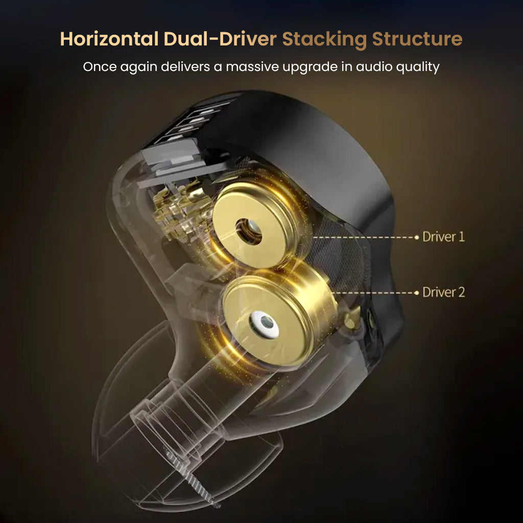 Close-up of KZ Pisces dual dynamic driver structure with horizontal stacking for enhanced audio performance and clarity.