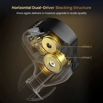 Close-up of KZ Pisces dual dynamic driver structure with horizontal stacking for enhanced audio performance and clarity.