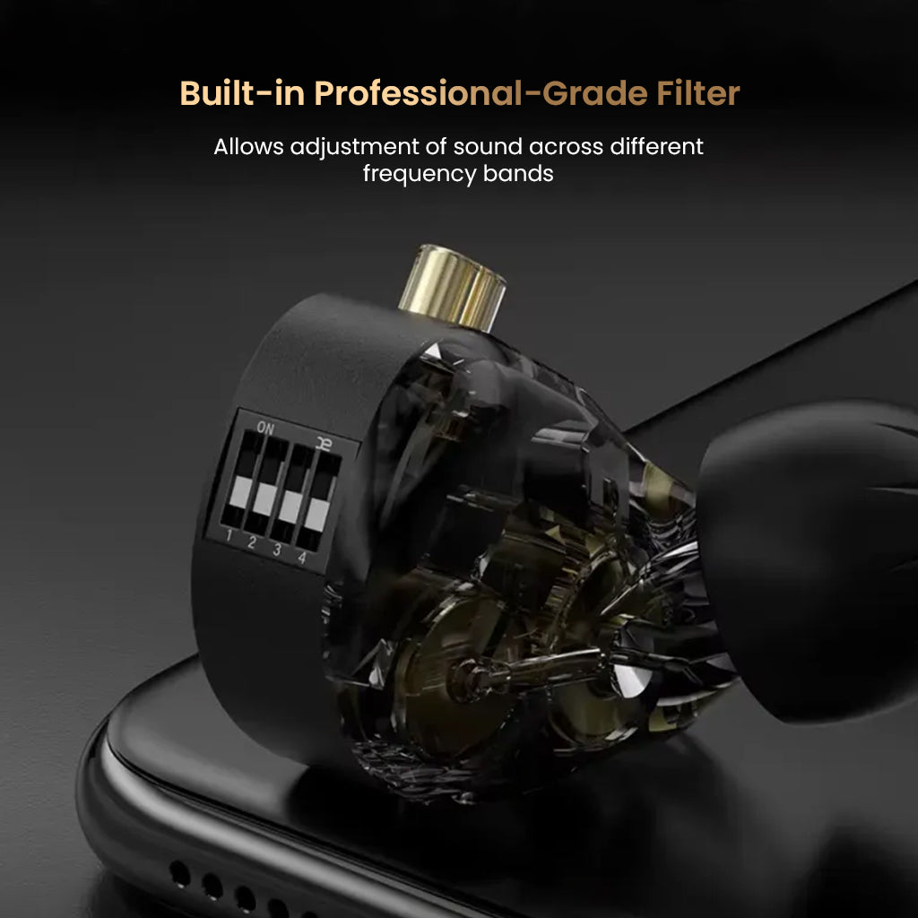 Transparent view of KZ Pisces IEM showing built-in professional-grade filter for frequency band adjustment.