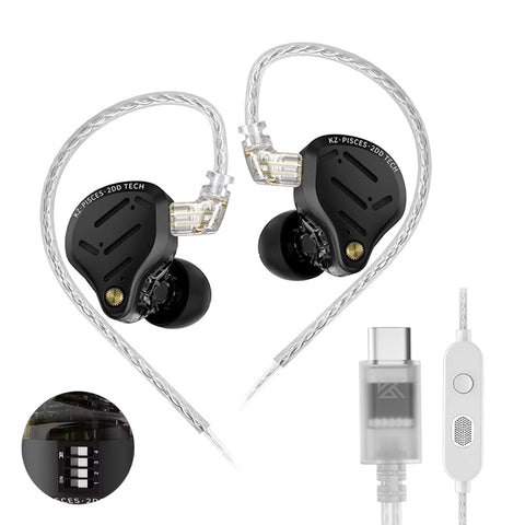 In-ear headphones with detailed components on a white background