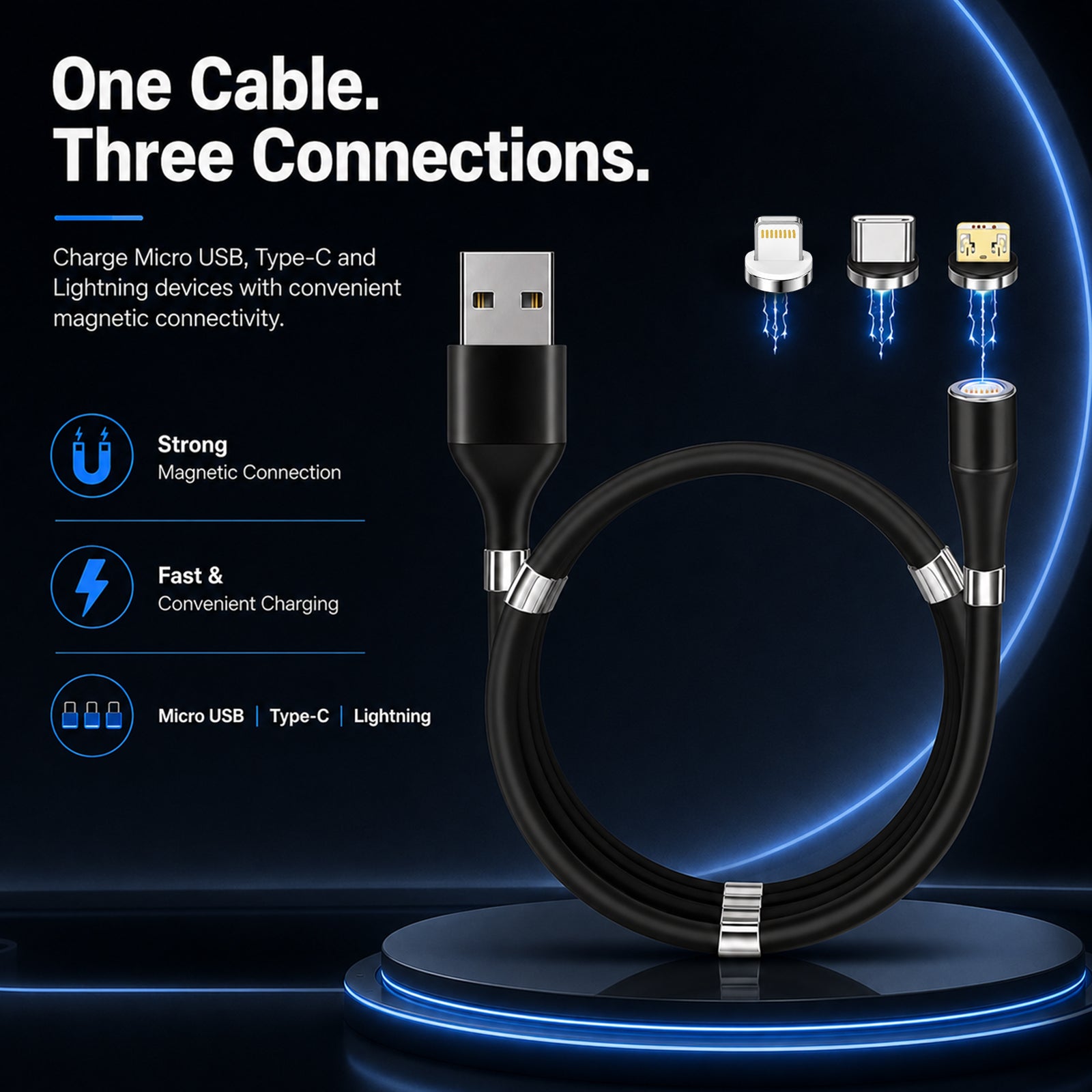 URVNS 3-IN-1 Magnetic Fast Charging Cable with 3 Magnetic Pins (Micro + Type C + Lighting)