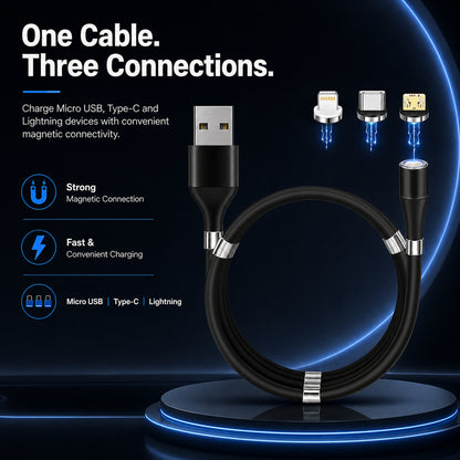URVNS 3-IN-1 Magnetic Fast Charging Cable with 3 Magnetic Pins (Micro + Type C + Lighting)